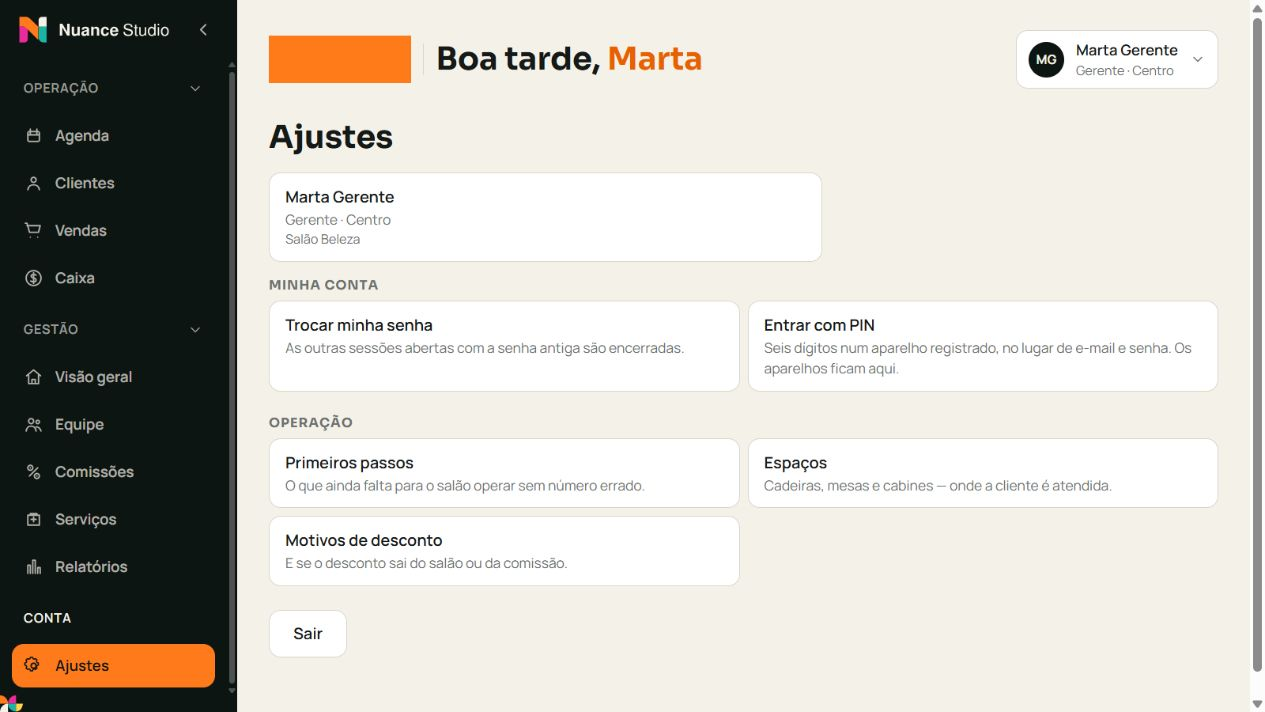 Tela do módulo Ajustes no espaço de demonstração do Nuance Studio.