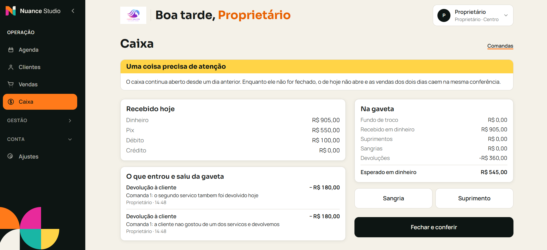 Tela real do caixa do Nuance Studio, com movimentações e informações do fechamento.