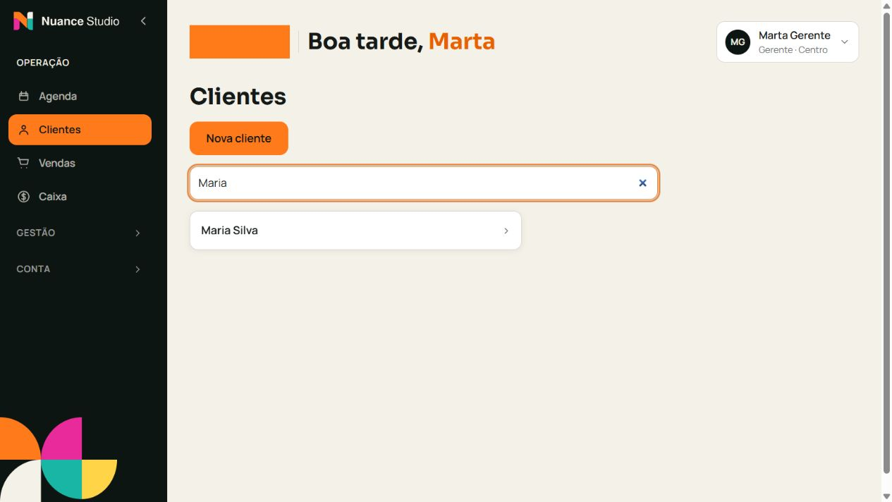 Tela do módulo Clientes no espaço de demonstração do Nuance Studio.