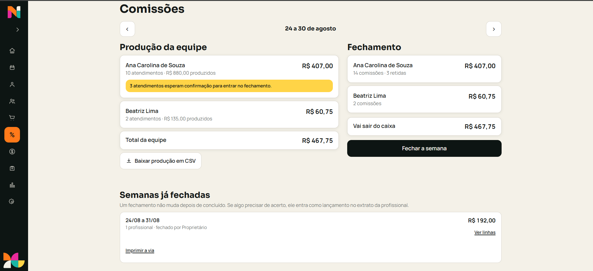 Tela real das comissões com valores por profissional no Nuance Studio.