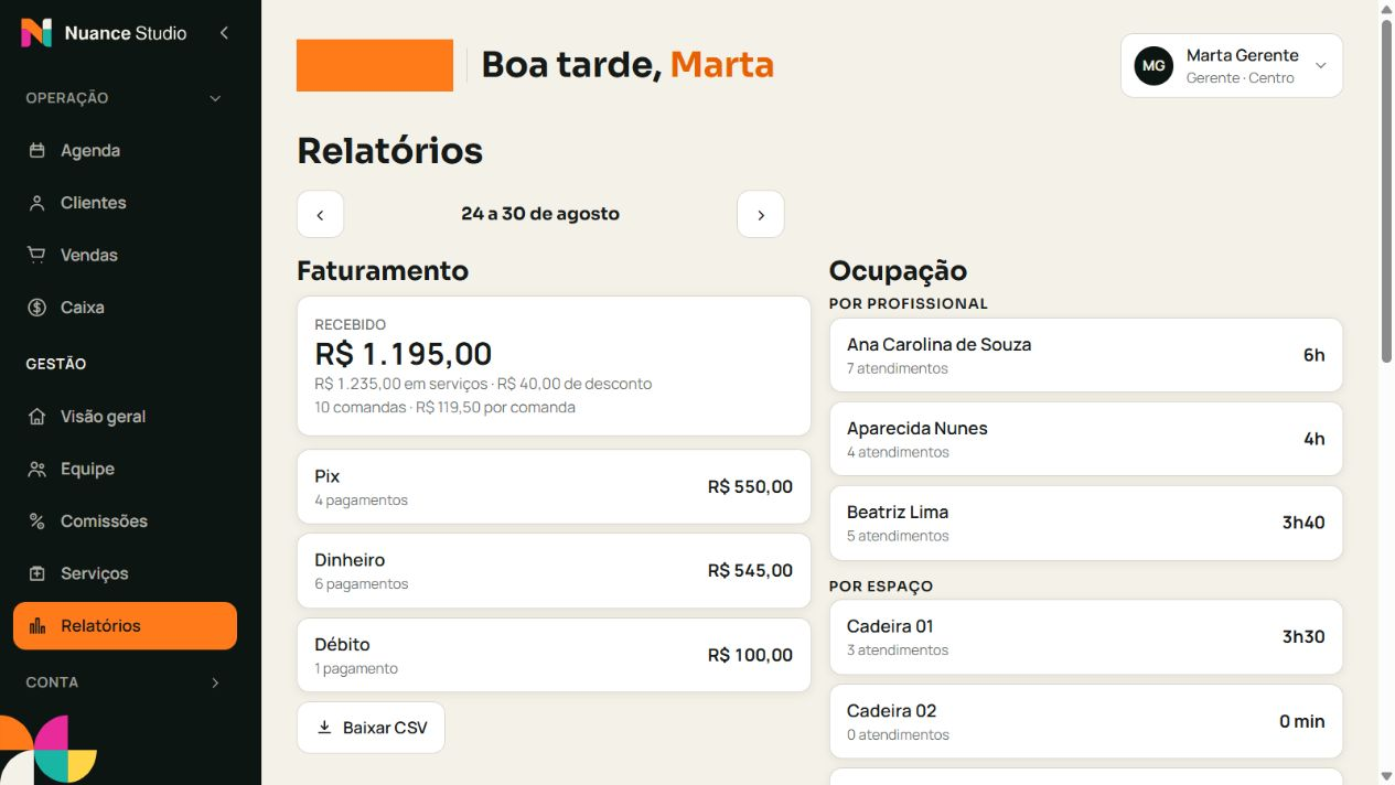 Tela do módulo Relatórios no espaço de demonstração do Nuance Studio.